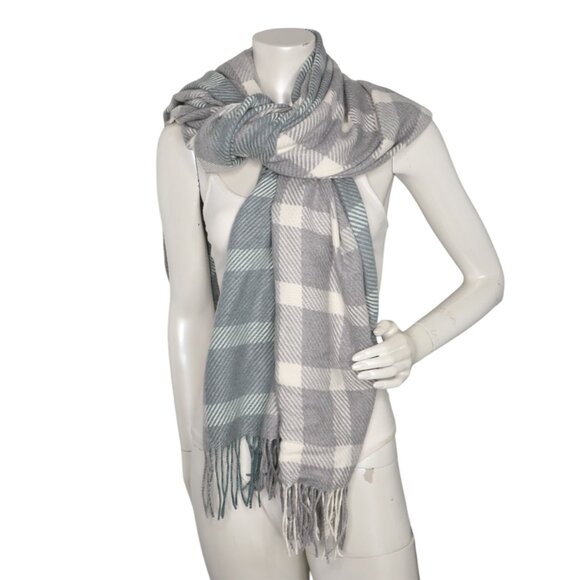 Love & Lore Plaid Oversized Wrap Scarf Shawl Grey White Green Tasseled Office - Picture 4 of 8